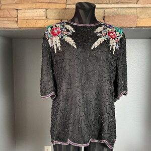 VTG Laurence Kazar Party Sequins Beaded Top Floral Art to Wear Black Silver 3X